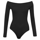 Womens Ladies Off Shoulder Ladies Long Sleeves Top Plain Stretch Bardot Bodysuit Leotard
