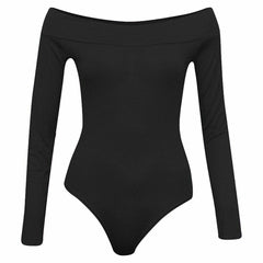Womens Ladies Off Shoulder Ladies Long Sleeves Top Plain Stretch Bardot Bodysuit Leotard