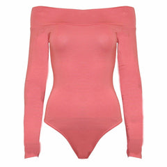 Womens Ladies Off Shoulder Ladies Long Sleeves Top Plain Stretch Bardot Bodysuit Leotard