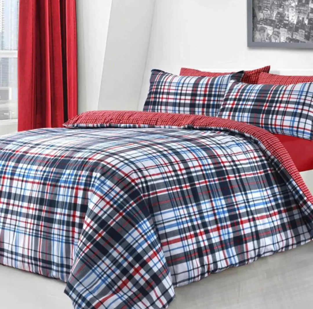 Check Blue Bedding-Reversible Duvet Cover and Pillowcase Set - Beach Stone