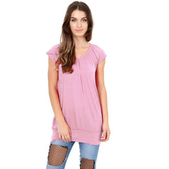 Ladies Women's Low Cut Plain Hip Long Line Top Gathering T Shirt Tunic Summer Uk