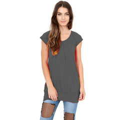 Ladies Women's Low Cut Plain Hip Long Line Top Gathering T Shirt Tunic Summer Uk