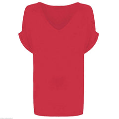 Women Oversized Baggy Loose Fit Turn up Batwing Sleeve V-Neck T-Shirt Ladies V Neck Top T Shirt Women's Short Turn Up Sleeve Baggy Plain Top Plus Size 8-26