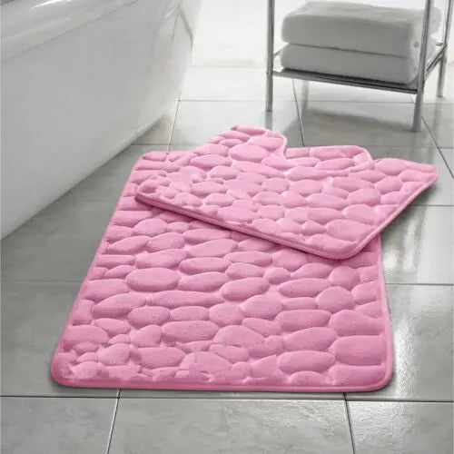 Pebbles Memory Foam Bath Mat Set 2 Piece Non Slip Pedestal & Bath Toilet Rug - Beach Stone