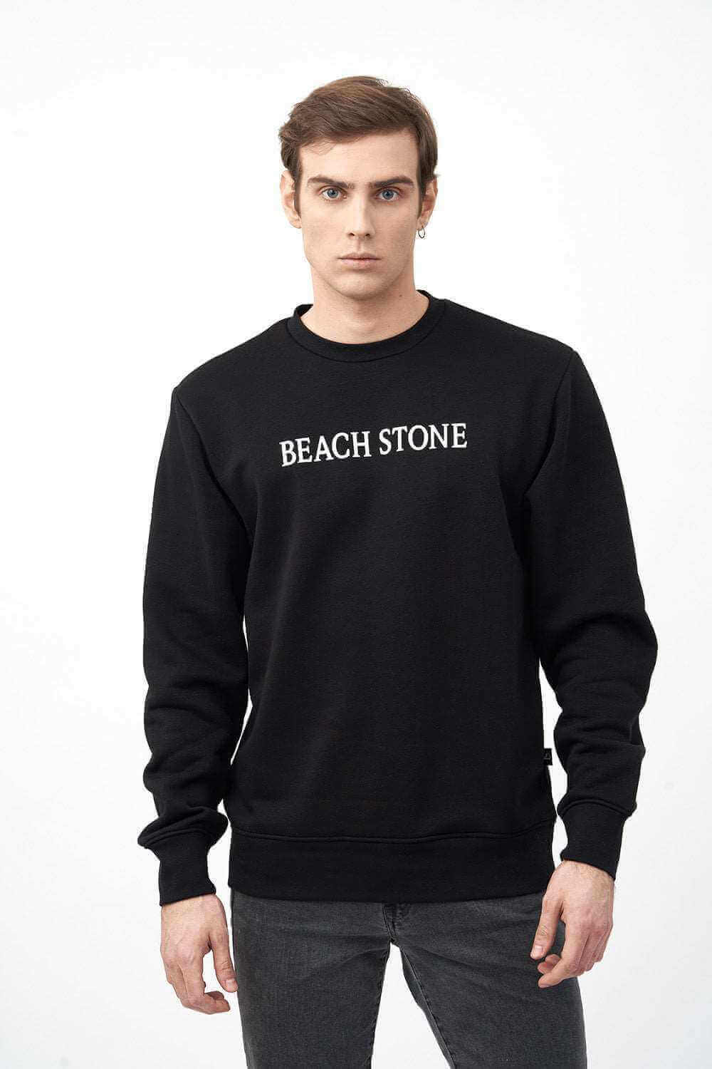 Front View of Crew Neck Men's Sweatshirt with Beach Stone Print