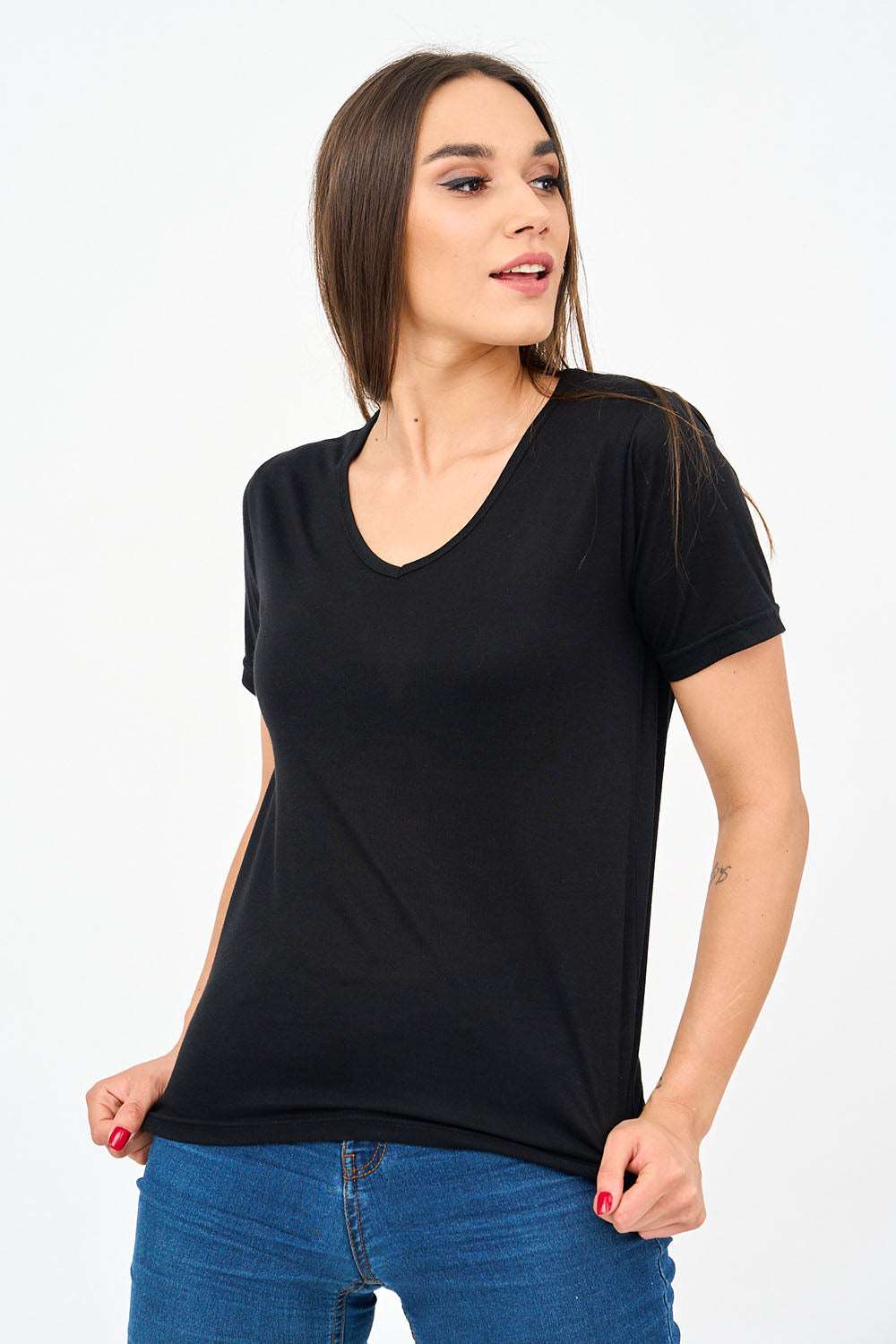 Short-Sleeved V Neck Women's T Shirt in Black!