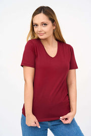 Short-Sleeved V Neck Women's T Shirt in Maroon!