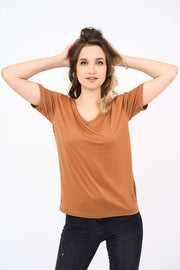 Short-Sleeved V Neck Women's T Shirt in Camel Color!