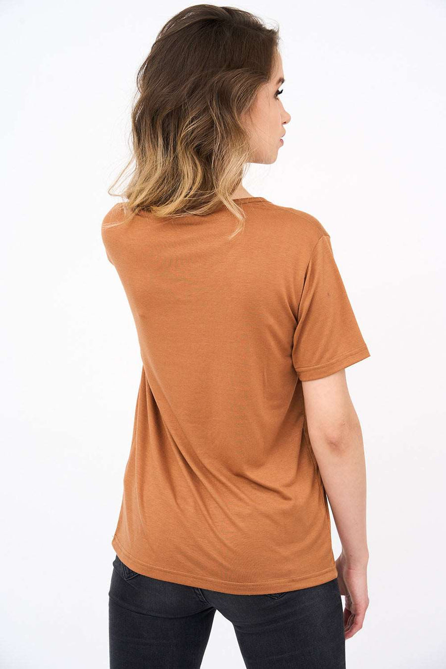 Short-Sleeved V Neck Women's T Shirt in Camel Color!