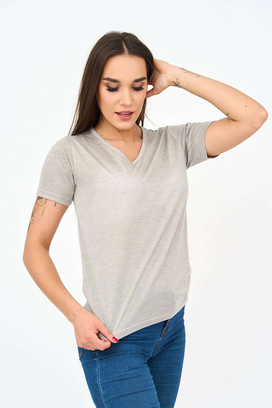 Short-Sleeved V Neck Women's T Shirt in Grey!