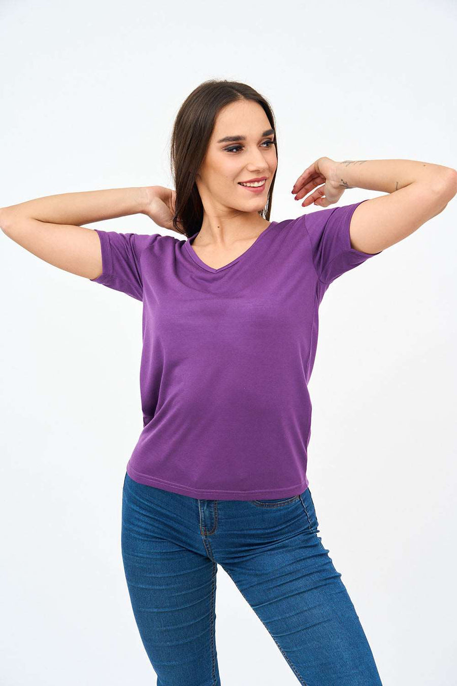 Short-Sleeved V Neck Women's T Shirt in Purple!