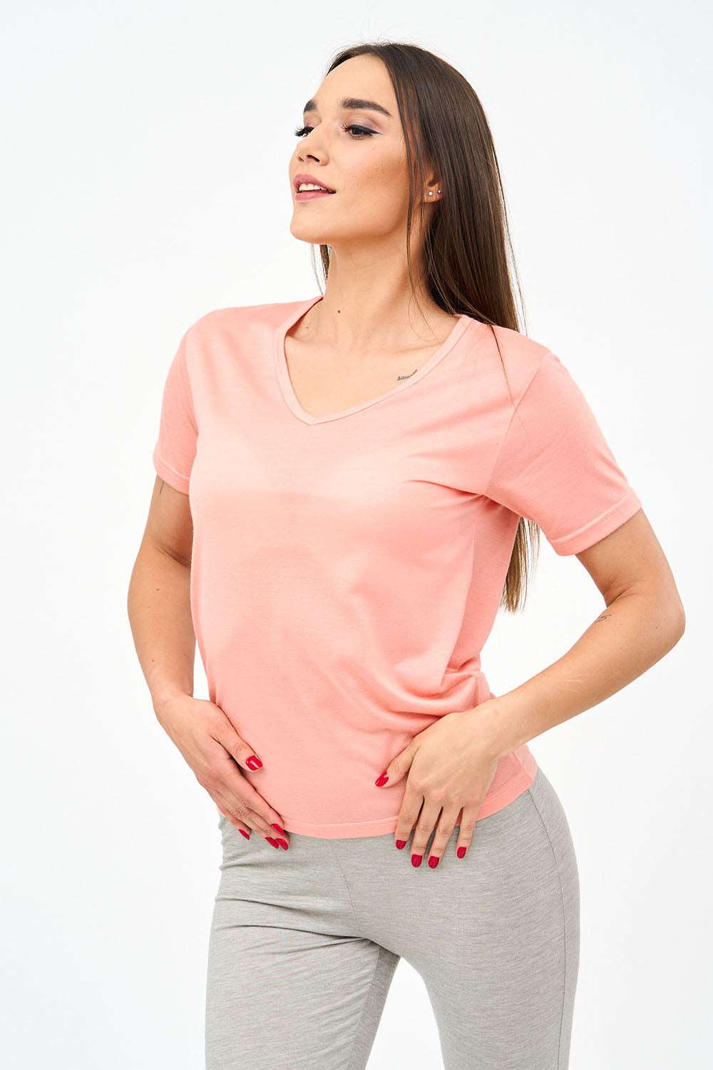 Short-Sleeved V Neck Women's T Shirt in Pink!