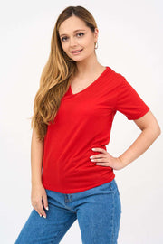 Short-Sleeved V Neck Women's T Shirt in Red!