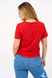 Short-Sleeved V Neck Women's T Shirt in Red!