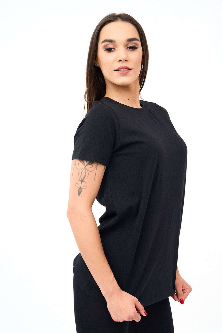 Crew Neck Womens T Shirt in Black side Pose