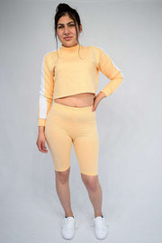 Womens Contrast Paneled Crop Top With Cycling Shorts