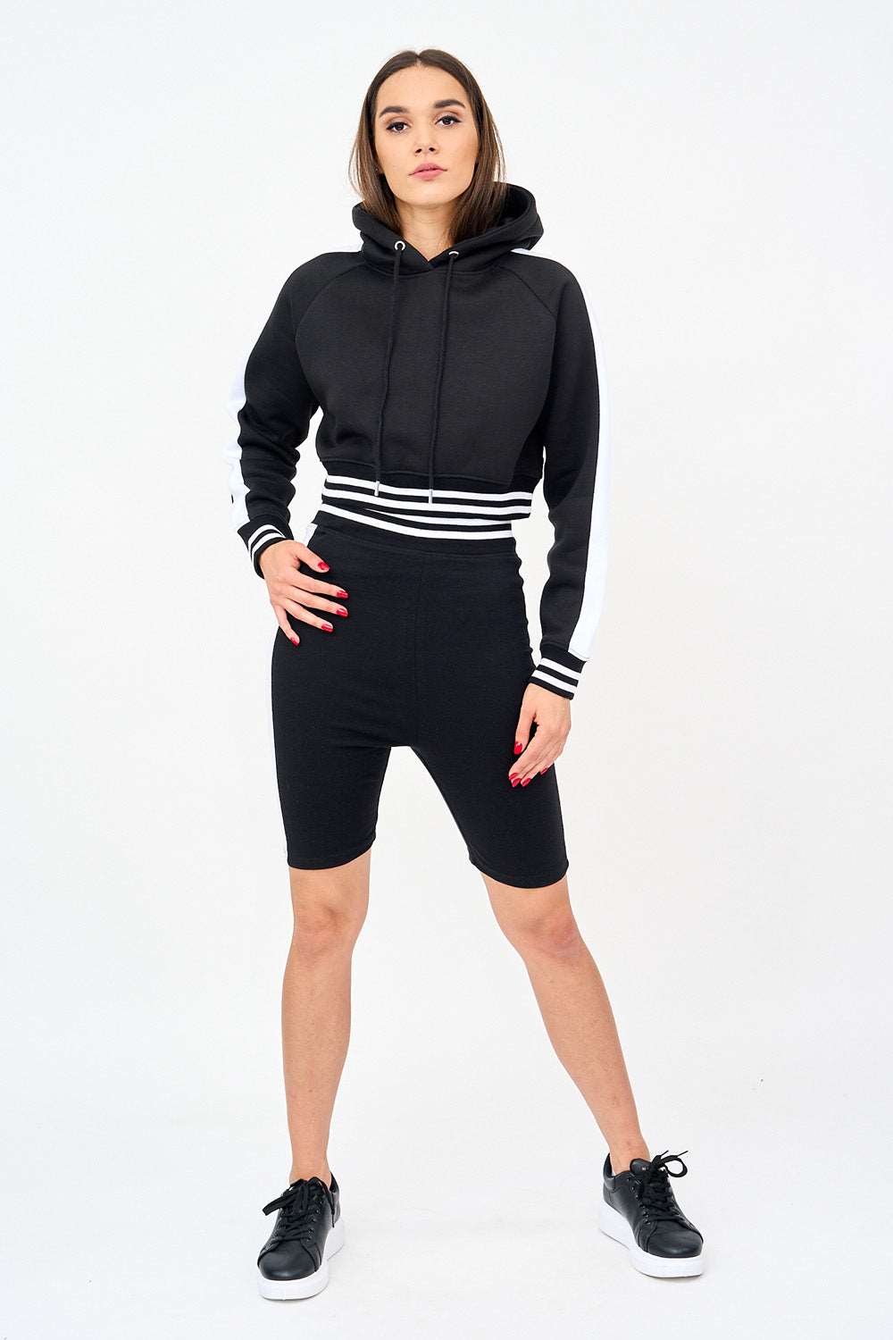 Womens Contrast Rib & Side Panel Crop Hoodie With Cycling short