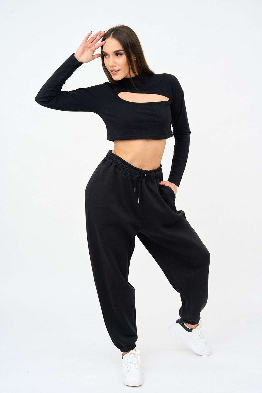 Womens Cut Out Sweat Crop Top And Joggers Set