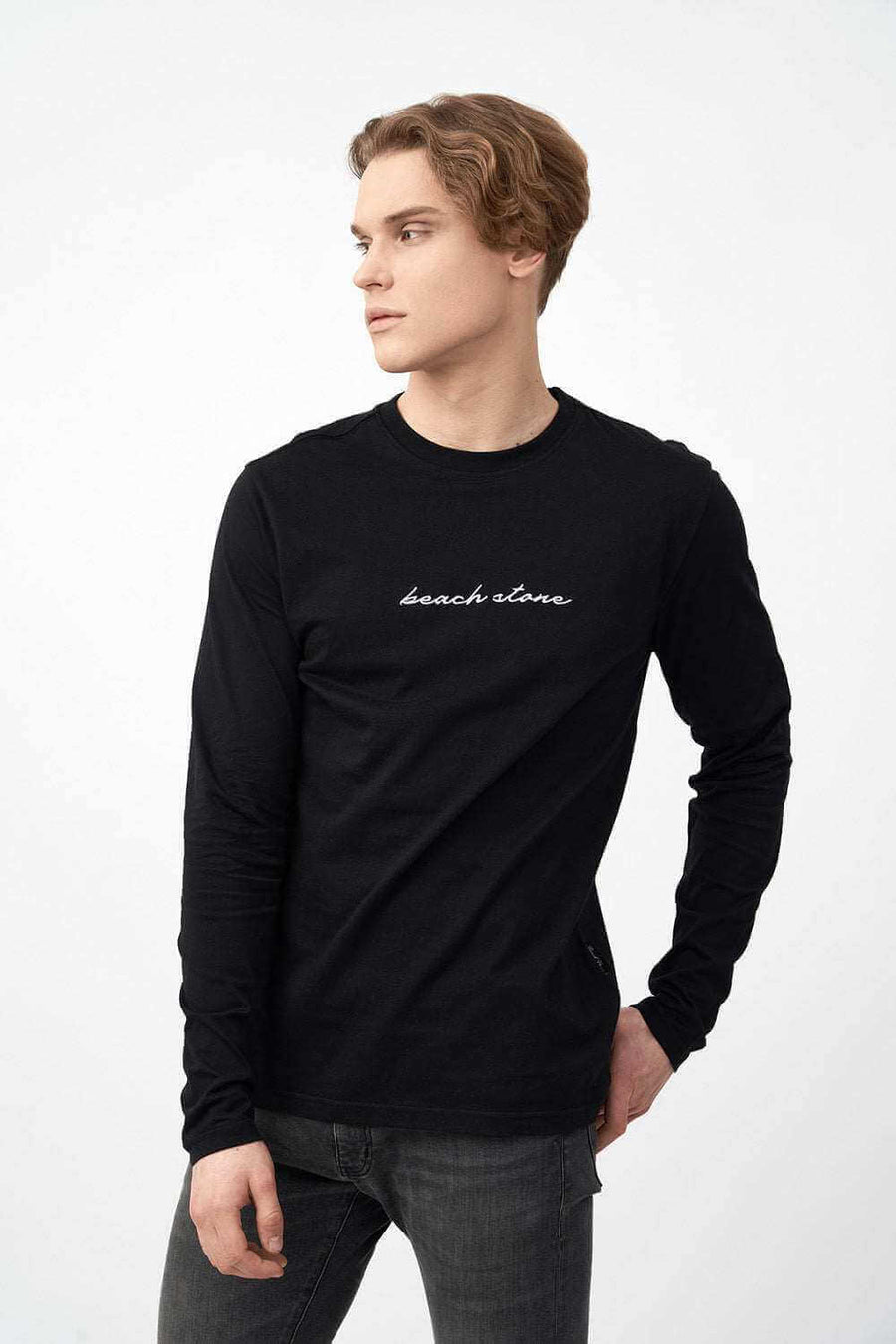 Front Pose of Long Sleeve Men's Shirts in Black with Embroidered Logo