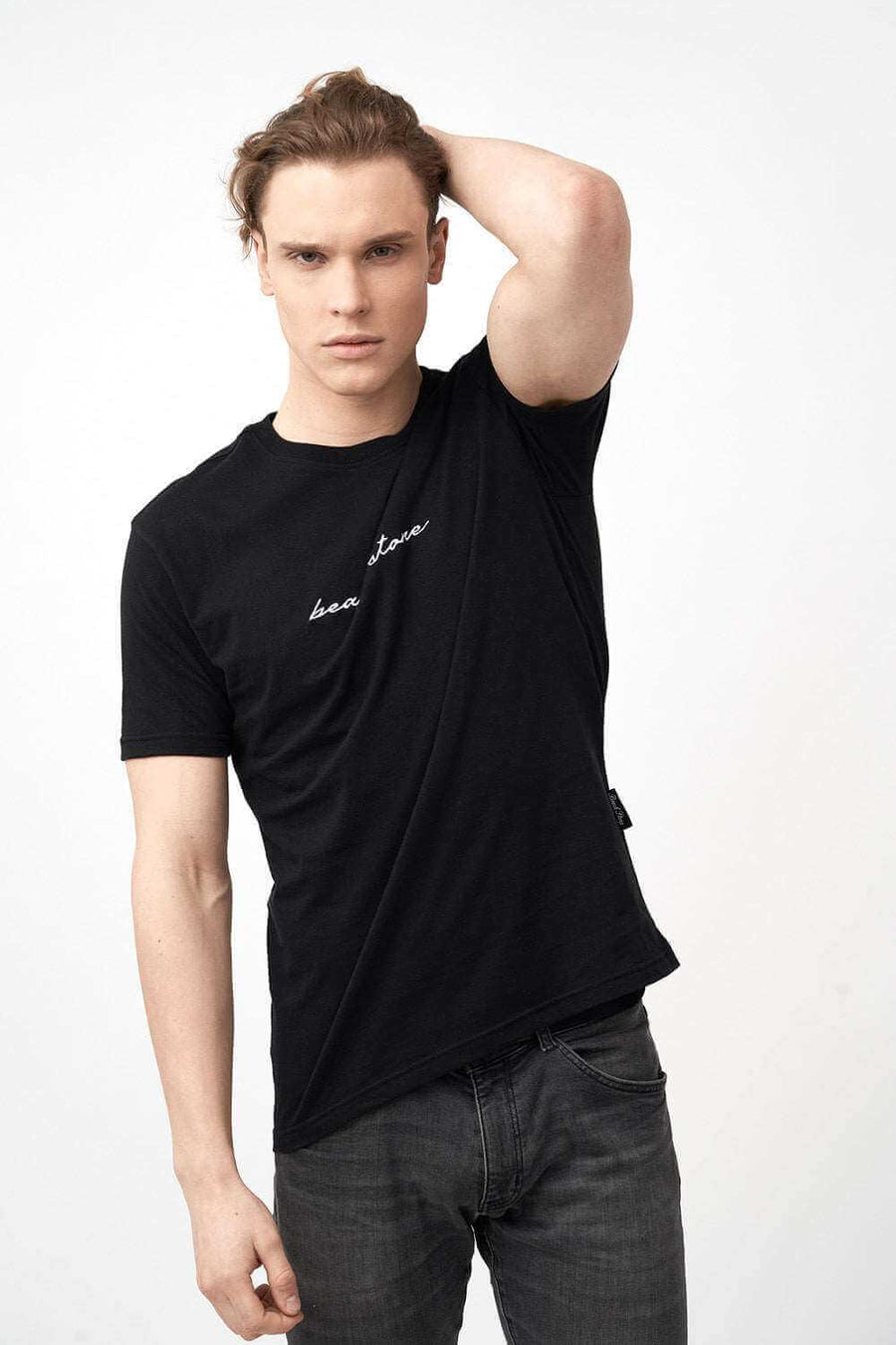 Front Pose of Men's Short Sleeve Shirts in Black with Embroidered Logo