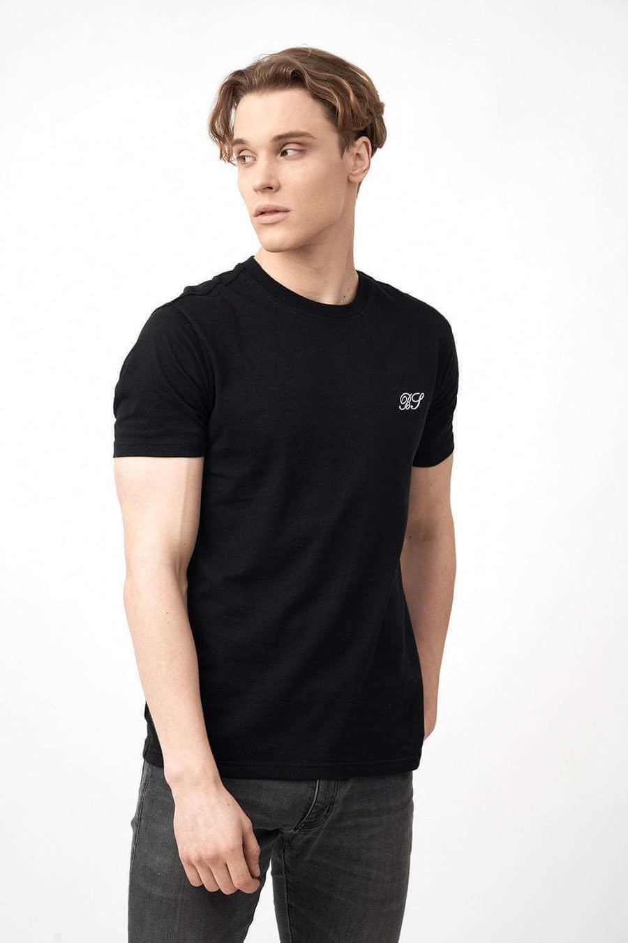 Right Side View of Men's Short Sleeve Shirts in Black with Logo Print