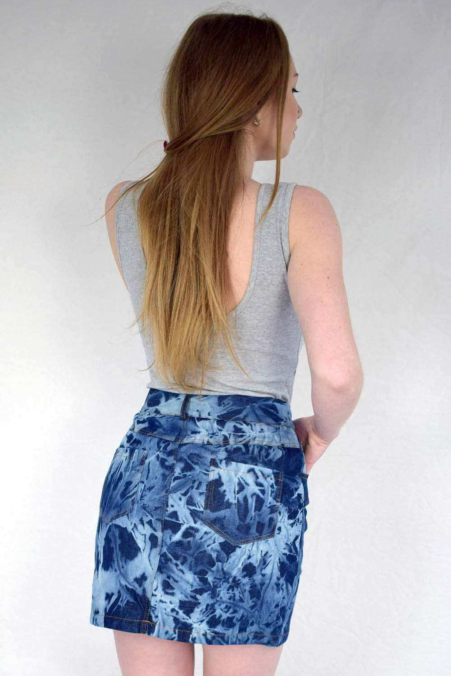 Back View of Bleached Denim Tie & Dye Style Women's Mini Skirt