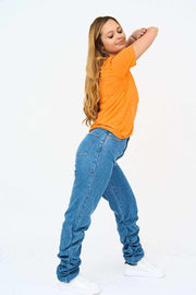 Right Side View of Womens High Ruched Straight Leg Jeans