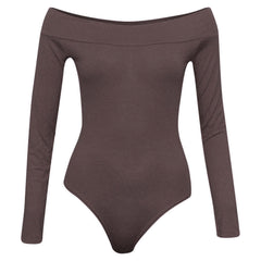 Womens Ladies Off Shoulder Ladies Long Sleeves Top Plain Stretch Bardot Bodysuit Leotard