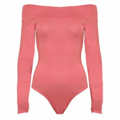 Womens Ladies Off Shoulder Ladies Long Sleeves Top Plain Stretch Bardot Bodysuit Leotard