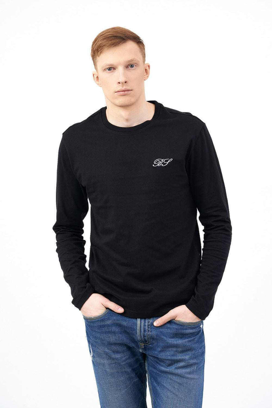 Front Pose of Crew Neck Men's Shirts in Black