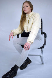 Sitting Posture of Womens Winter Cropped Puffer Jacket