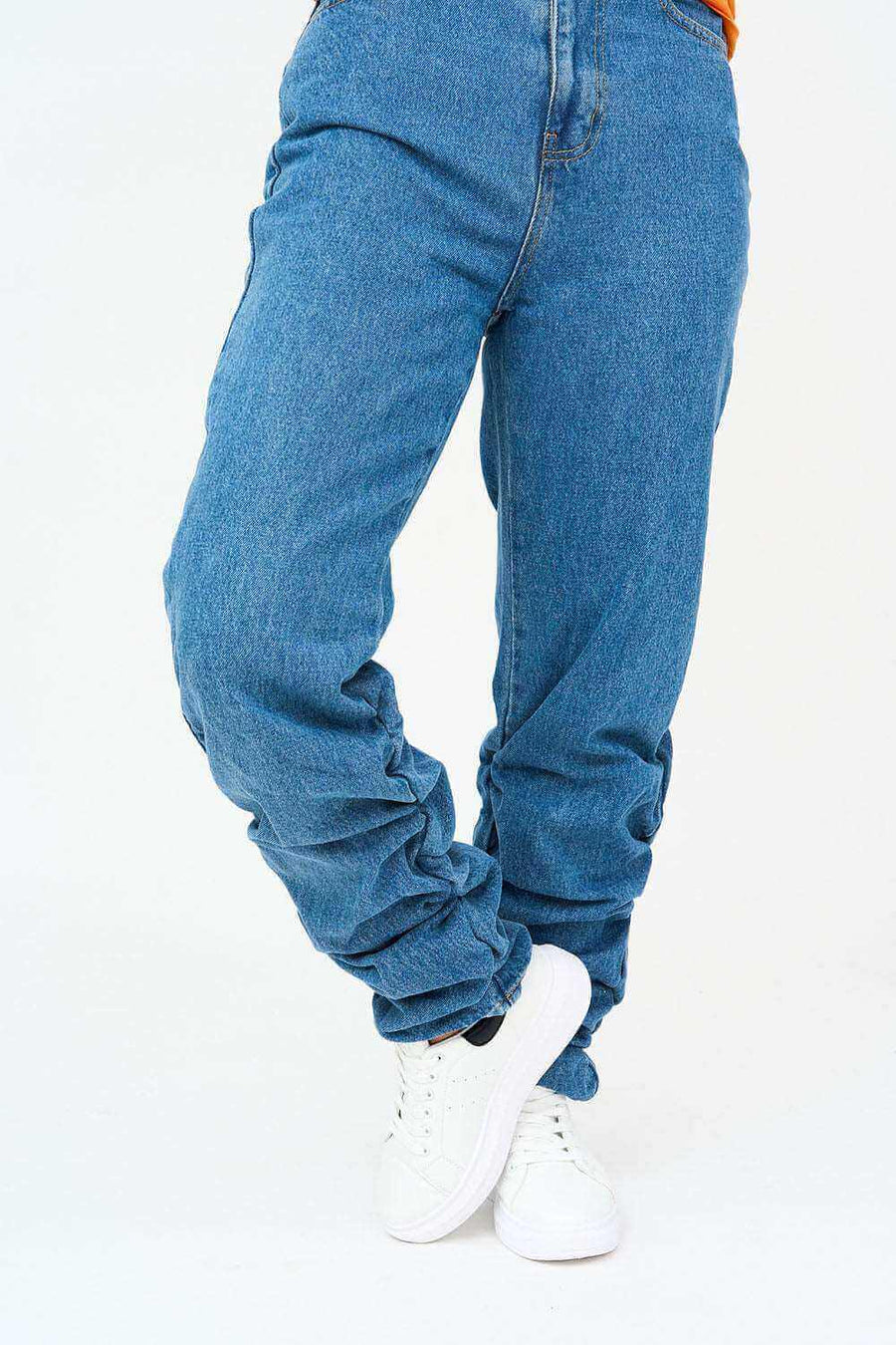 Close Zipped View of Womens High Ruched Straight Leg Jeans