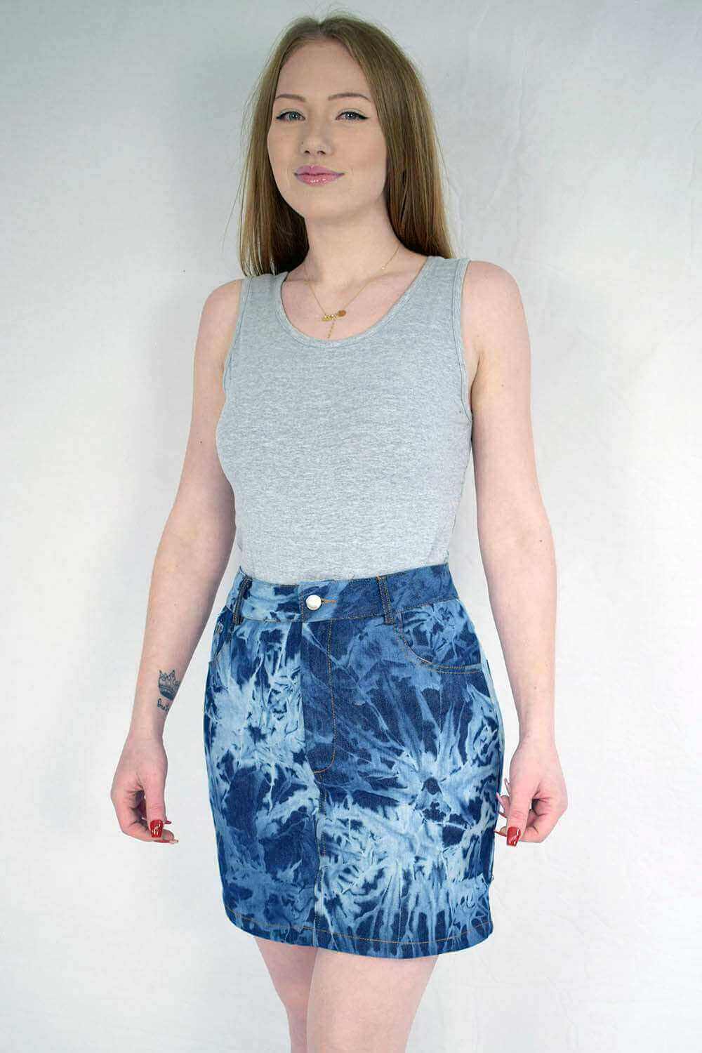 Front View of Bleached Denim Tie & Dye Style Women's Mini Skirt