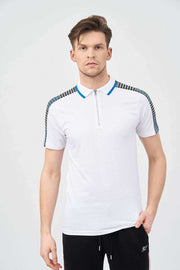 Front View of Quater Zipper Polo Men's Shirts with Checked Shoulder