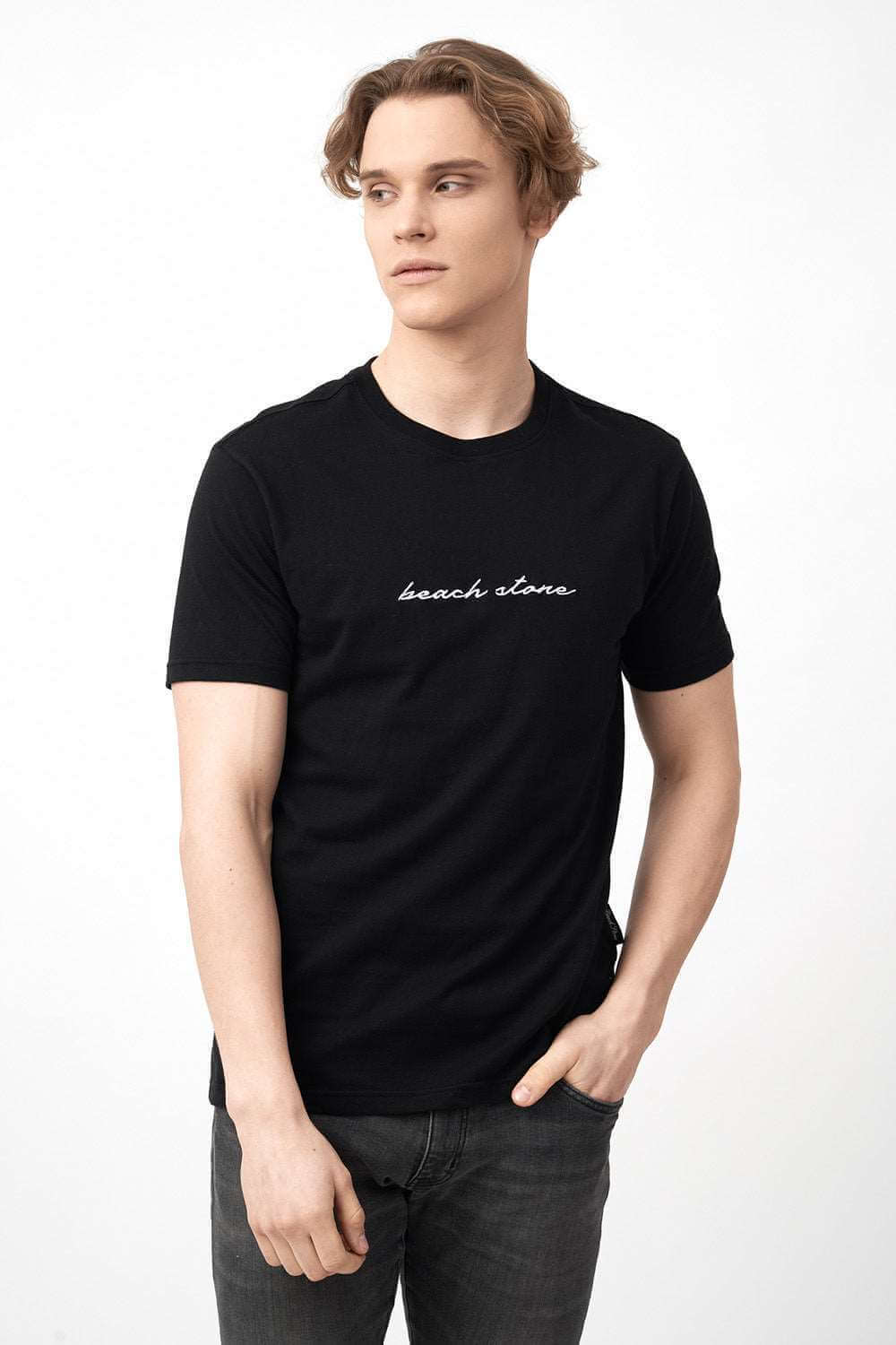 Front View of Men's Short Sleeve Shirts in Black with Embroidered Logo