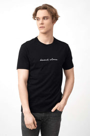 Front View of Men's Short Sleeve Shirts in Black with Embroidered Logo
