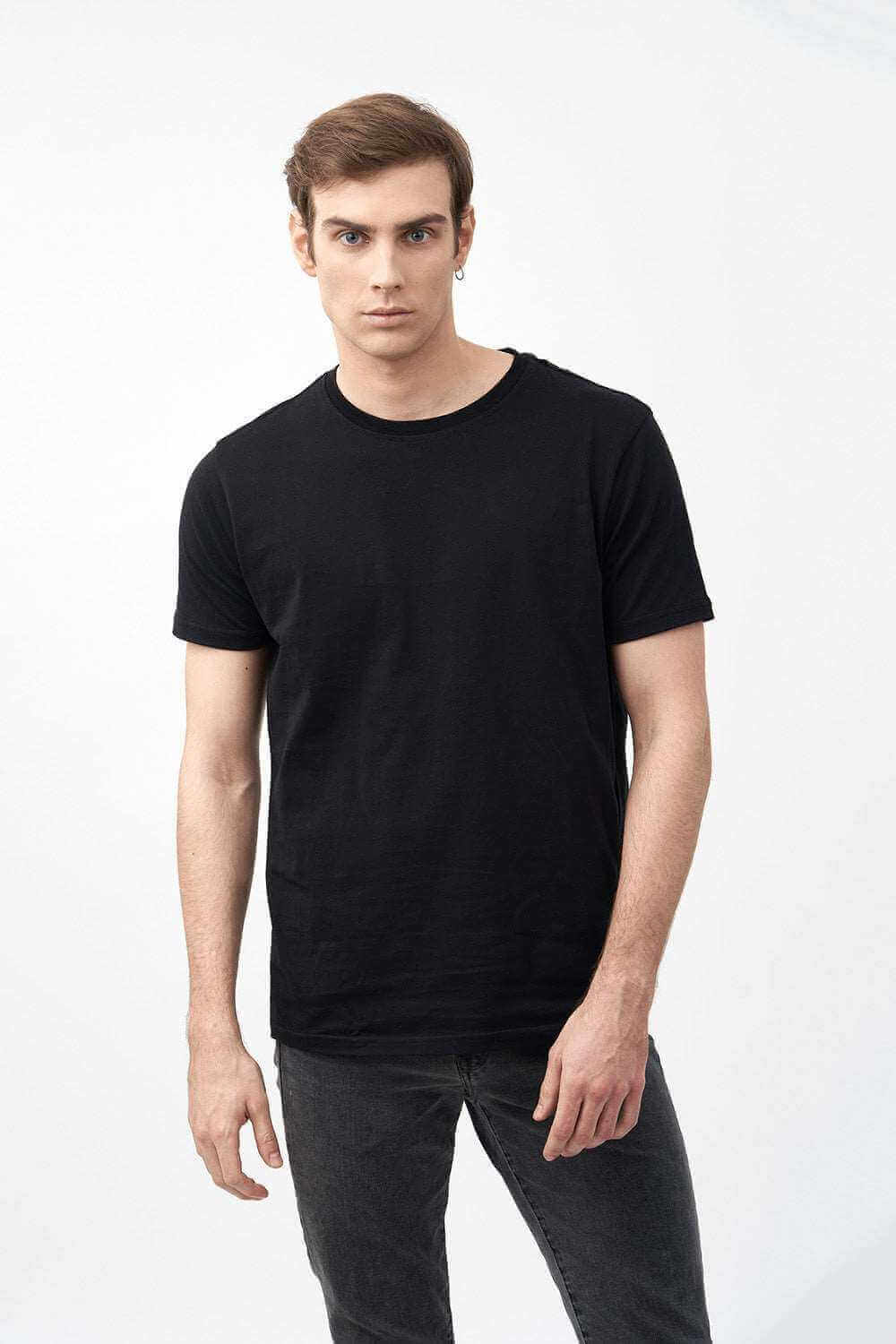 Front View of Crew Neck Men's Short Sleeve Shirts in Black