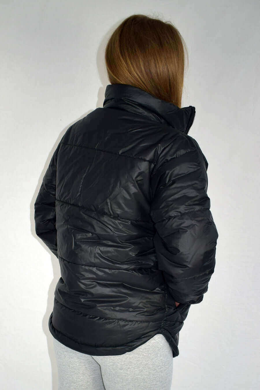 Back View of Zipped Black Puffer Jacket for Womens