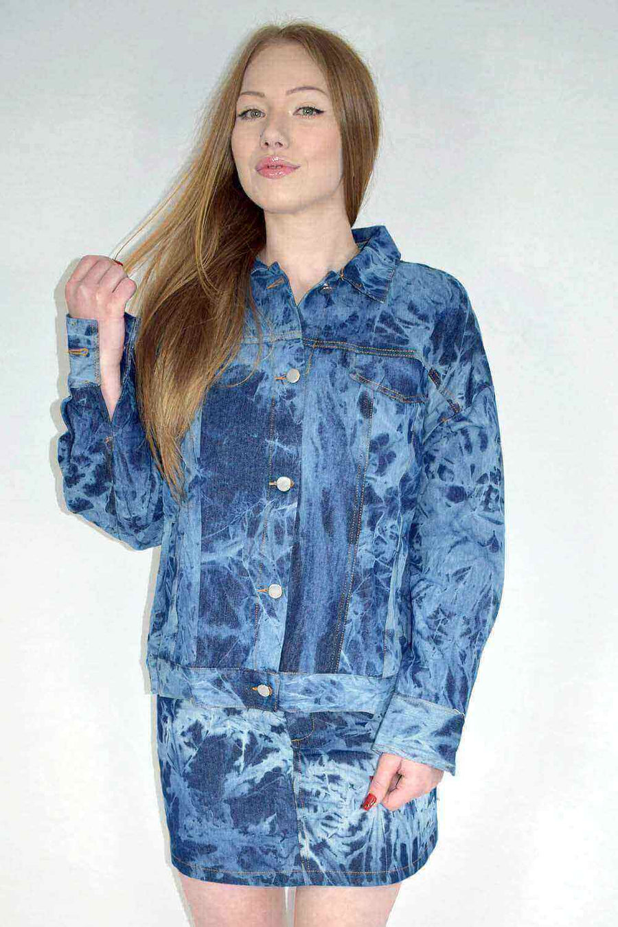 Front View of Womens Bleached Denim Jacket with Tie and Dye Style