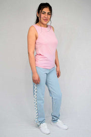 Front View of Side Lace Up Mom Jeans for Women
