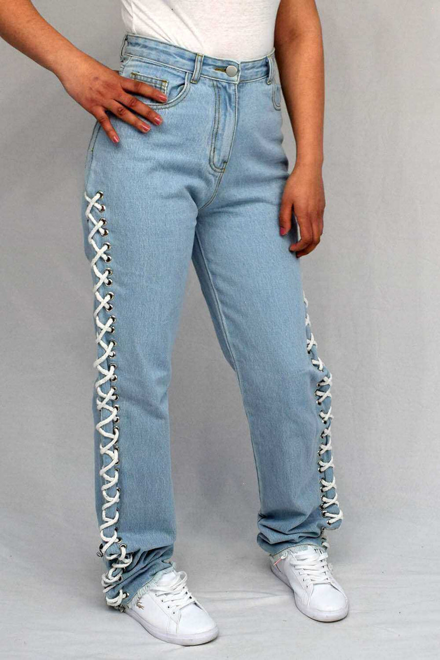 Side View of Side Lace Up Mom Jeans for Women