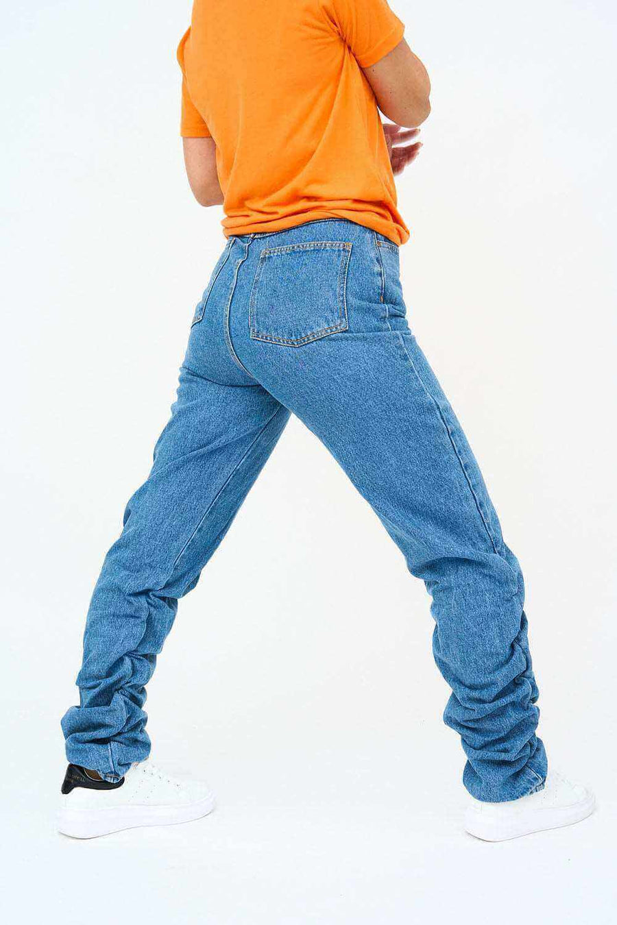 Left Side View of Womens High Ruched Straight Leg Jeans