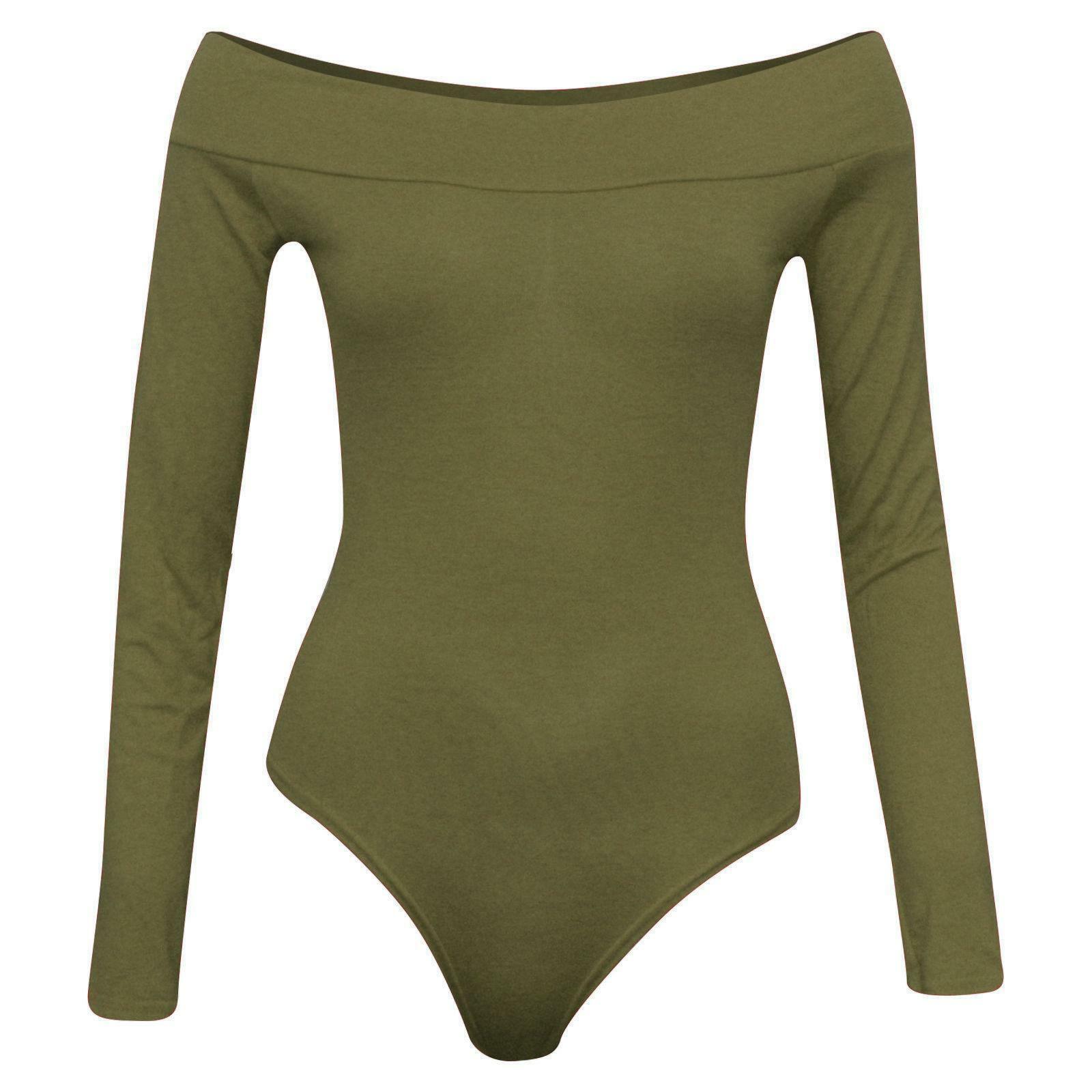Womens Ladies Off Shoulder Ladies Long Sleeves Top Plain Stretch Bardot Bodysuit Leotard