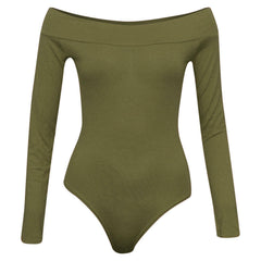 Womens Ladies Off Shoulder Ladies Long Sleeves Top Plain Stretch Bardot Bodysuit Leotard