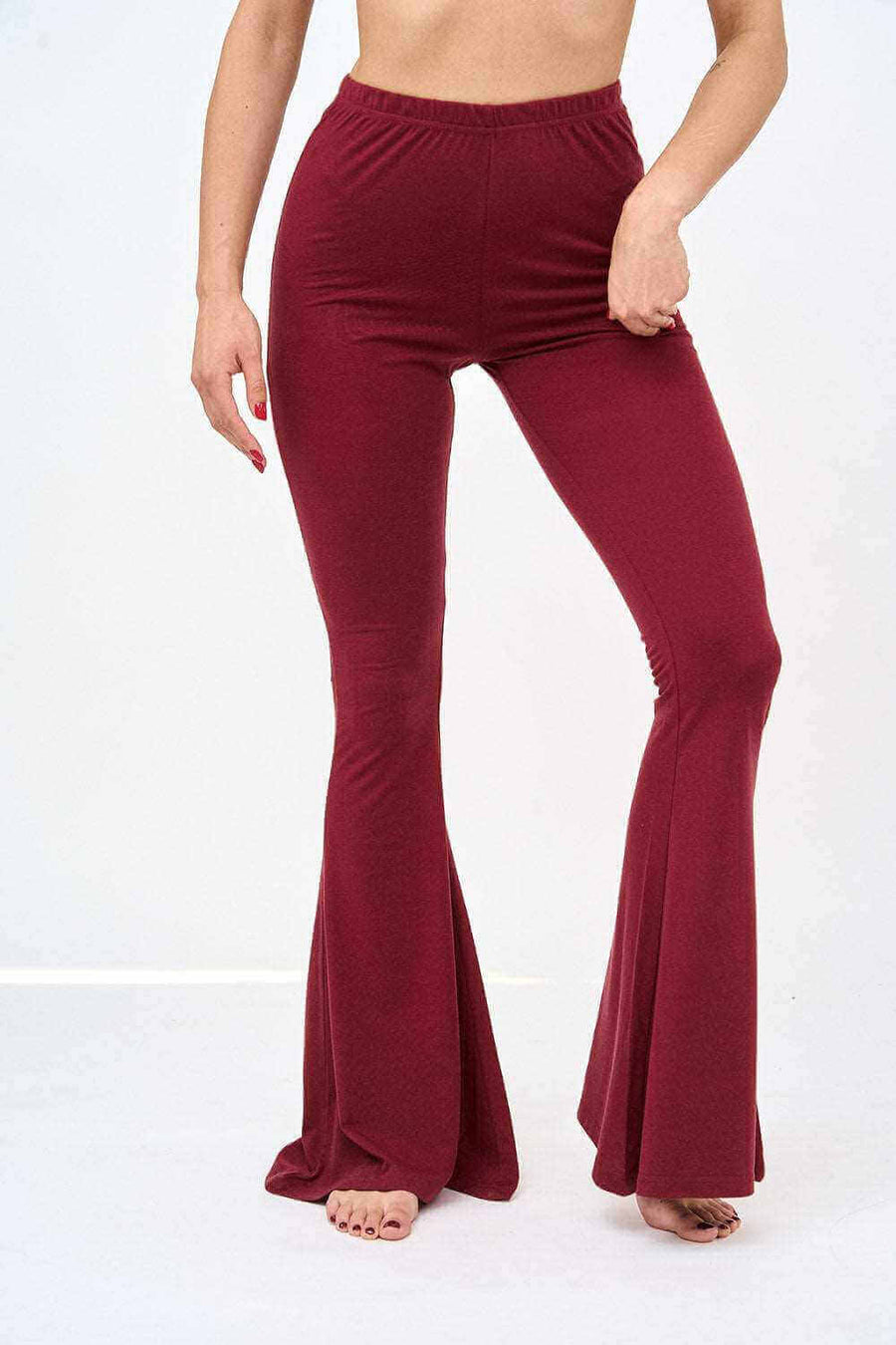Close View of Womens Bell Bottom Leggings in Maroon