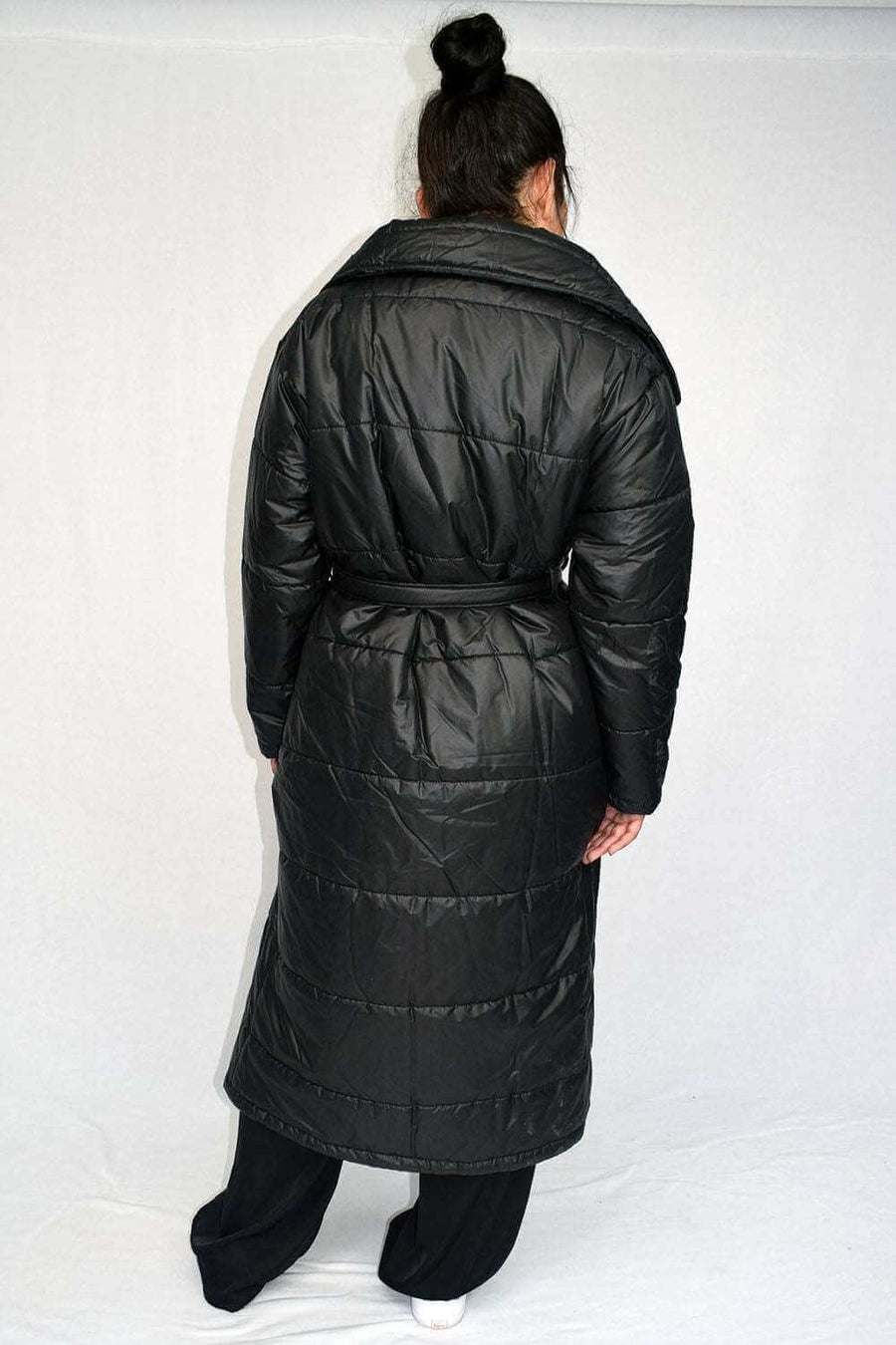 Back View of Unique Long Black Puffer Coat for Womens