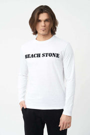 Front View of Crew Neck Long Sleeve Men's Shirts in White
