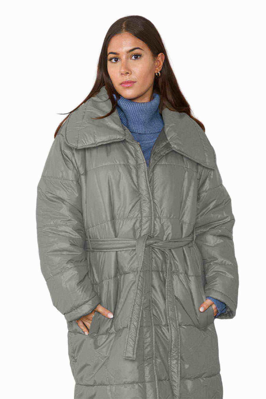 Front Close View of Chic Long Charcoal Puffer Coat for Womens