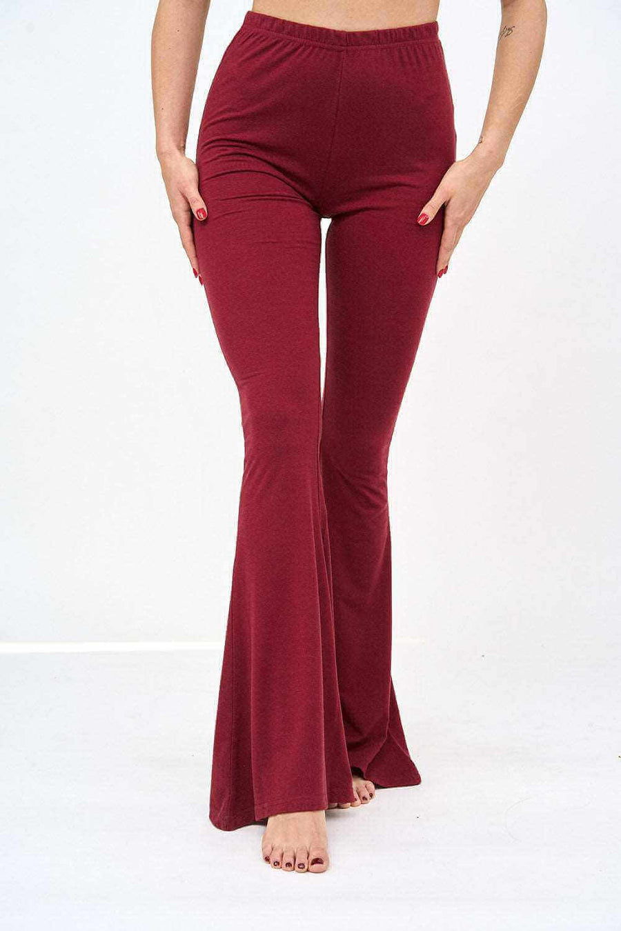 Front Pose of Womens Bell Bottom Leggings in Maroon