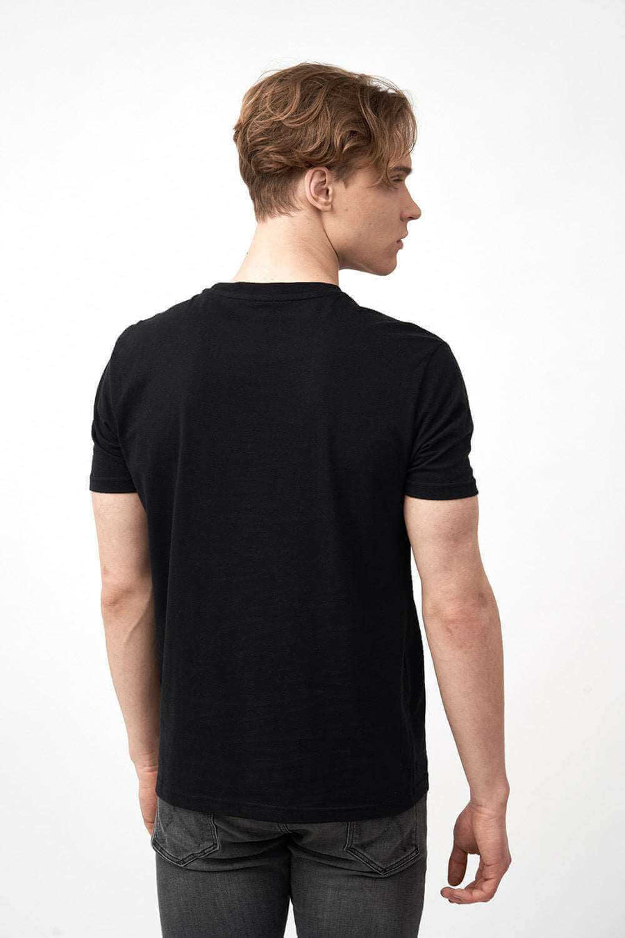 Back View of Men's Short Sleeve Shirts in Black with Logo Print
